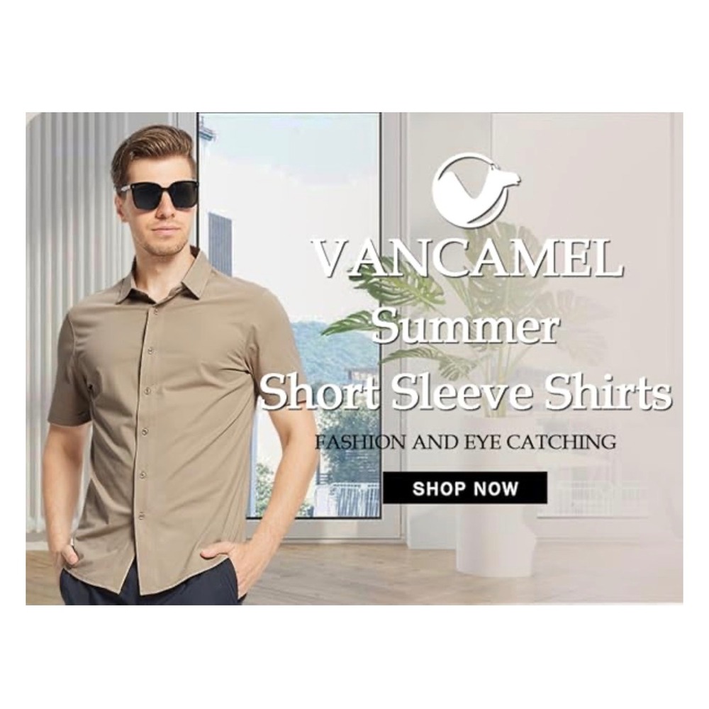 Vancamel Mens‎ Short Sleeve Button Down Shirt Tan Khaki Summer Casual Size L